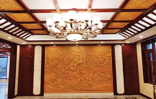 北京中式别墅客厅中式木作横梁吊顶装饰展示