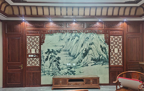 北京中式仿古别墅客厅背景墙花格木作装饰